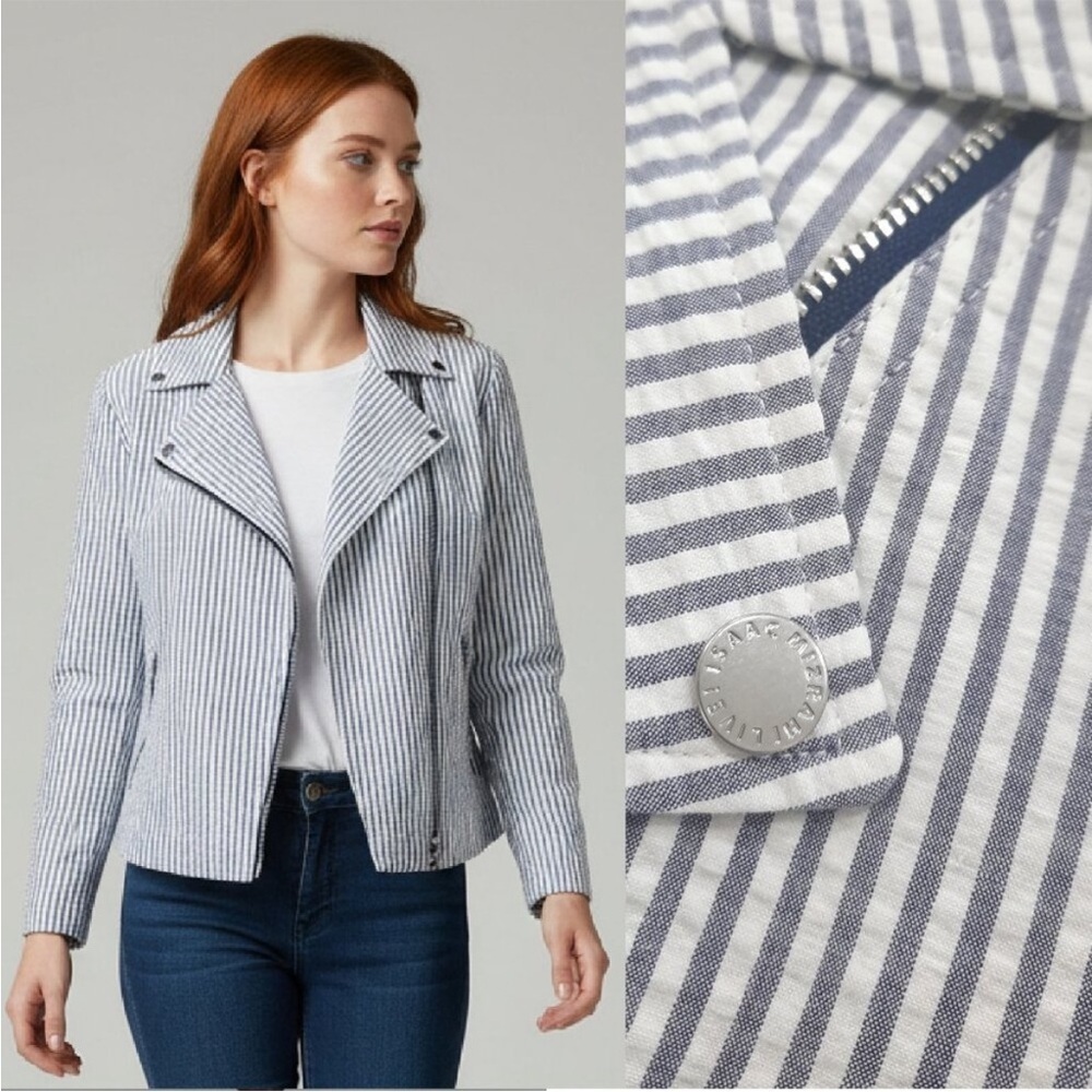 Isaac Mizrahi Live! Bold edgy Seersucker Motorcycle Jacket Gray White Lined 18W